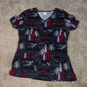 Dark gray winter Forrest Buffalo Plaid Bear Women’s Fitted Scrub Top ScrubStar S